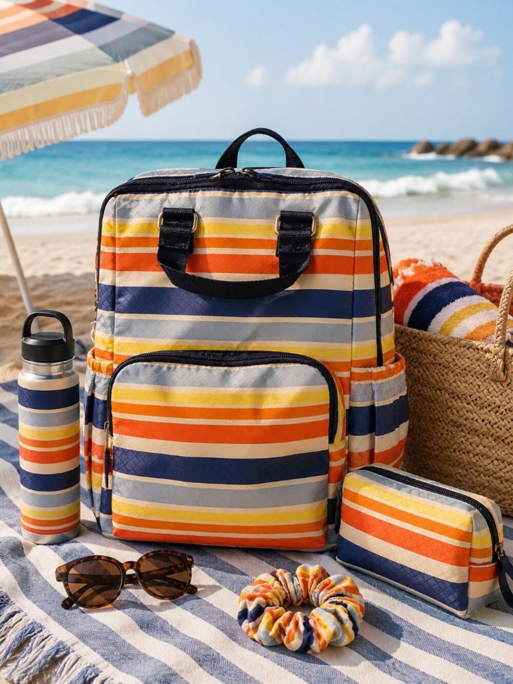 Striped Multi-Color Women’s Backpack - Navy, Orange & Yellow (backpack only )
